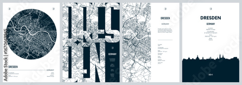 Set of travel posters with Dresden, detailed urban street plan city map, Silhouette city skyline, vector artwork