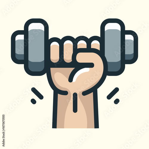 Strong hand holding dumbbell vector illustration, flat design of fitness strength training and motivational power icon