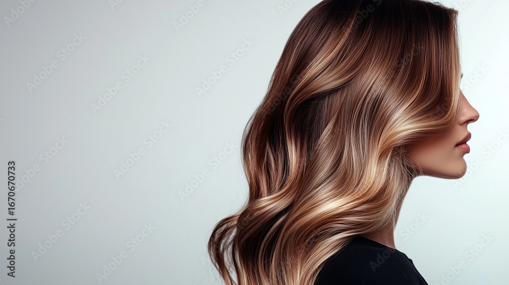 Naklejka premium Woman with long wavy hair. A woman is balayageing. A woman with white hair on a background. Female with lengthy, wavy hair lifestyle.