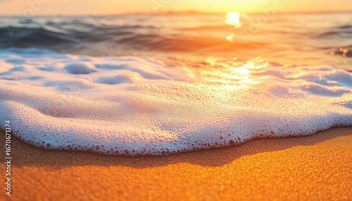 Fototapeta Naklejka Na Ścianę i Meble -  Tranquil Panoramic Sea Sand Beach: Inspiring Tropical Seascape With Orange And Golden Sky. Relaxing Summer Vacation Travel Holiday.