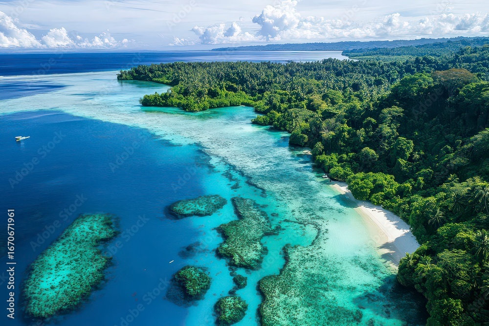 Fototapeta premium Beautiful blue ocean with a lush green forest on the shore