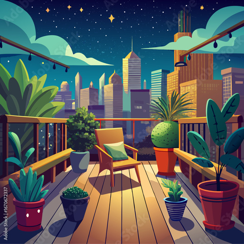 Cozy balcony oasis with city skyline at night