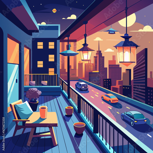 Balcony view of a city street at dusk with cars and streetlights