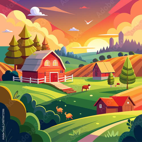 Vibrant rural farm landscape at sunset with red barns and rolling hills