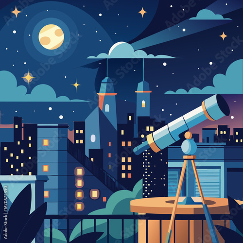 Cityscape at night with telescope observing the moon and stars