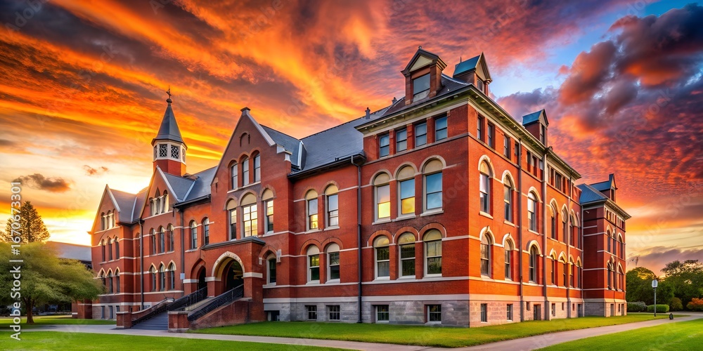 Fototapeta premium Majestic brick building with intricate architecture stands tall against a vibrant sunset sky, showcasing the beauty of education and historical landmarks in an american town