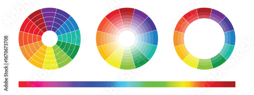 colour wheel guide.  Isolated floral patterns and colour scheme.  CMYK and RGB hues. Set of different color circles. Infographic element round shape