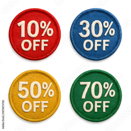 Embroidered patch 3D rendering discount badge set of four on transparent background, stitched fabric circles with merrowed edge showing 10% OFF 30% OFF 50% OFF and 70% OFF for ecommerce UI UX marketin