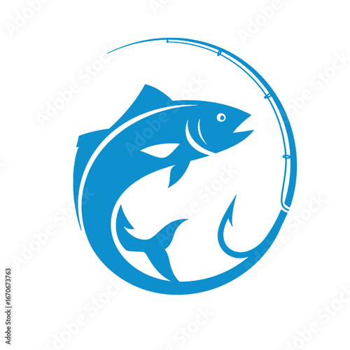 Leaping fish caught on a fishing rod, circular logo design.