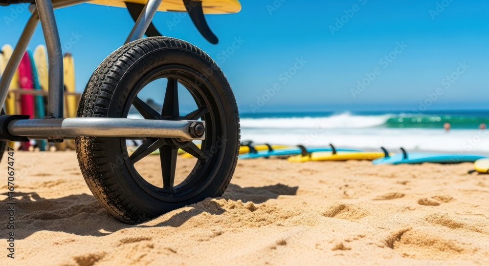 Fototapeta premium Surfboard trolley wheel on beach sand with ocean background