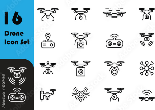 Drone line icon set, quadcopter symbol collection, aerial camera outline design, remote control, drone technology, vector illustration for apps and web