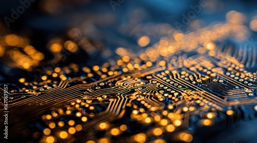 Close Up Abstract Circuit Board with Glowing Orange Lights in Dark Environment