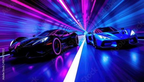 Neon sports cars speeding through a colorful tunnel