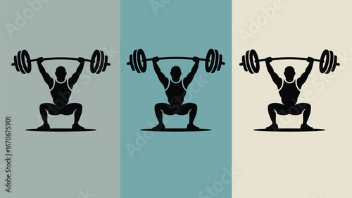 Silhouette of weightlifter squatting with barbell overhead on three different colored backgrounds