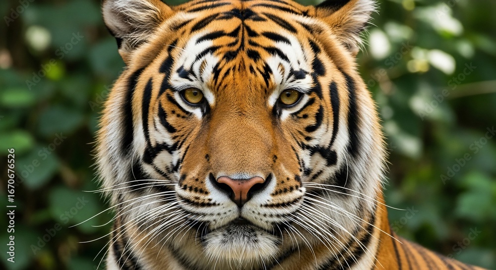 Fototapeta premium A majestic tiger staring intensely, showcasing its striking features and natural beauty.