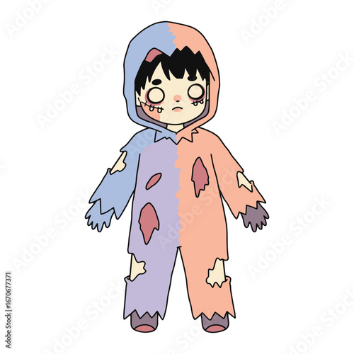 Cute cartoon zombie with colorful tattered clothes and sad face
