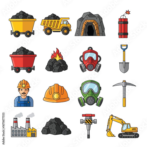 Collection of mining industry icons isolated on white background