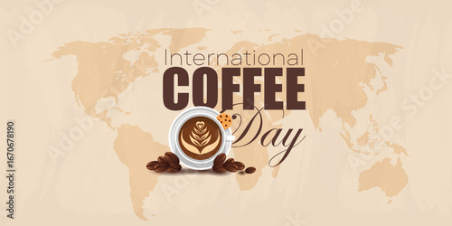Vector illustration template background logo typography isolated of International Coffee Day Hand Lettering with Realistic Coffee Bean and Cup of Coffee Ornaments for Banner Poster Web Social Media 