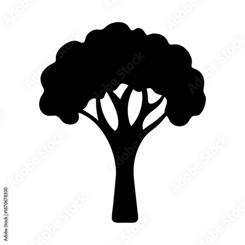 Black silhouette of a leafy tree with branches on a white background