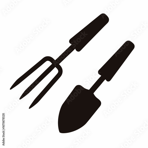 Silhouette image featuring a garden fork and hand trowel on white background