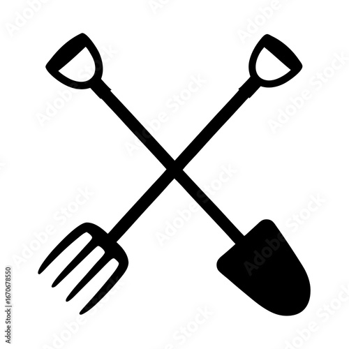 Crossed shovel and pitchfork silhouette, essential gardening tools, agriculture concept