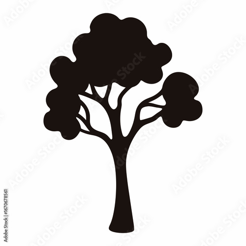Simple black and white tree silhouette with full foliage, perfect nature icon