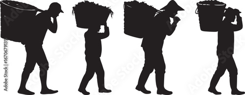 Four people carrying heavy loads on their shoulders in silhouette isolated on white background