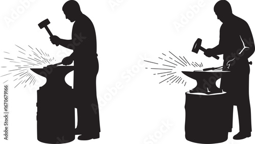 Blacksmith silhouette working with hammer and anvil creating sparks isolated on white background