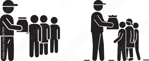 Silhouette of a person distributing food packages to a line of people isolated on white background
