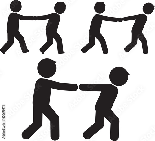 Two figures in silhouette pulling each other in a tug of war on white background isolated on white background