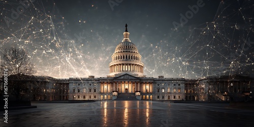 Digital Capitol: A striking visual of the US Capitol building is overlaid with an abstract digital network, creating a juxtaposition of the tangible and the technological.