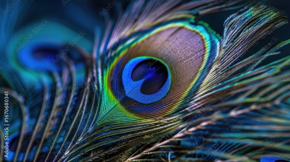 Fototapeta premium Close Up of Vibrant Peacock Feather Showing Eye Pattern in Bright Colors