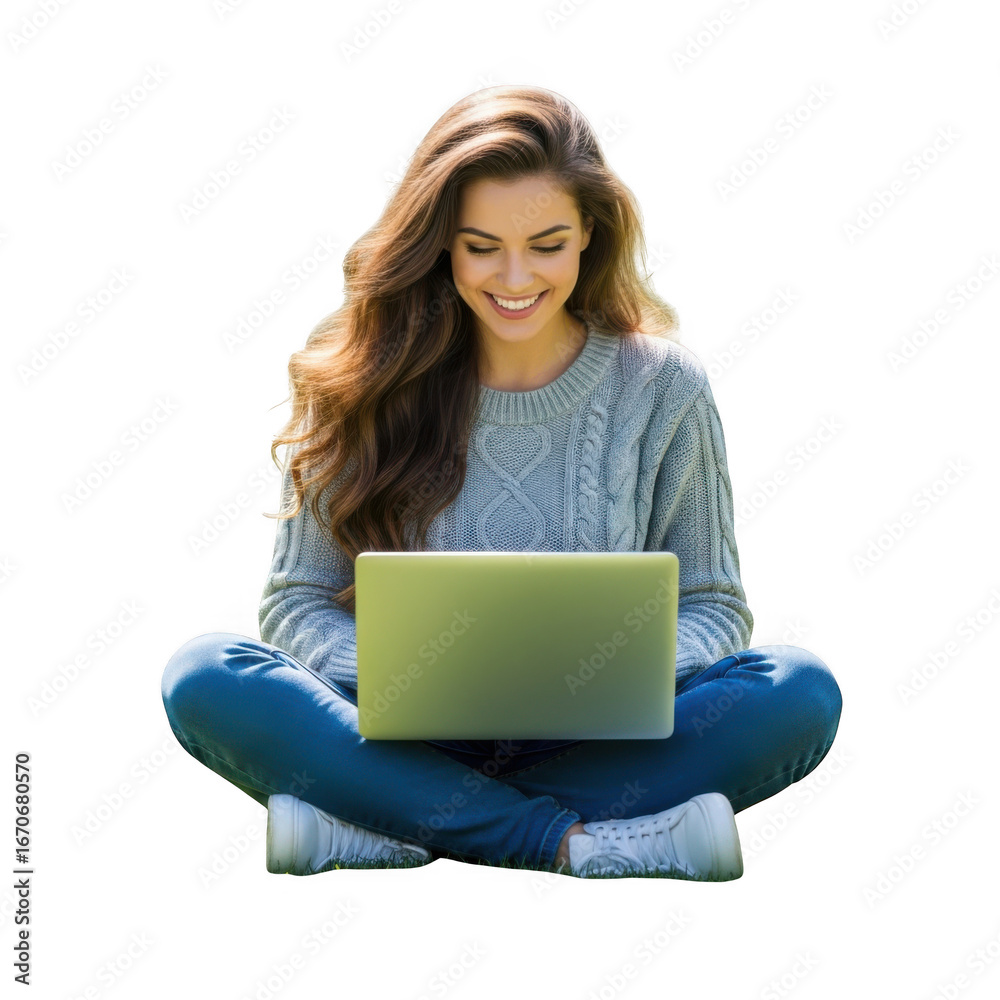 Naklejka premium Young woman smiling happily while sitting cross-legged outdoors working on a laptop computer