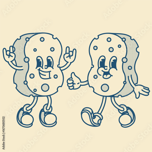 Cute retro sponge mascot with face and legs. Cartoon vector illustration for cleaning, bath, kitchen themes