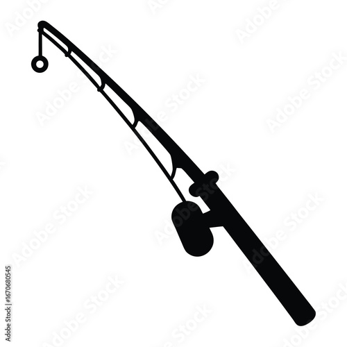 Stylized fishing rod illustration with reel and line guide in solid black