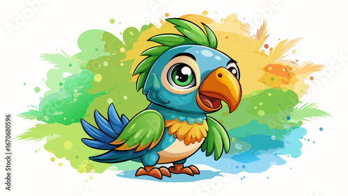 Cartoon Cute baby parrot vector, Watercolor bird kid character isolated on white background.
