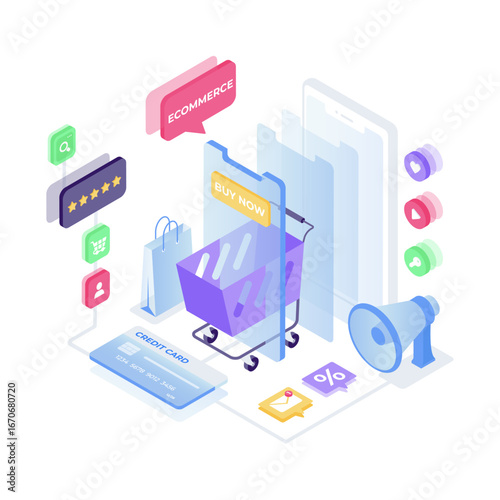 Ecommerce Campaign Isometric Vector Design Marketing Sales Digital Shopping Store