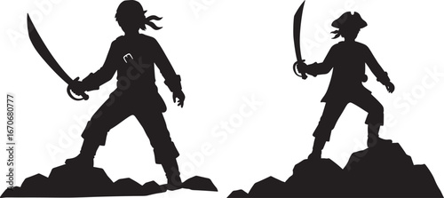 Two pirate silhouettes holding swords standing on rocks isolated on white background