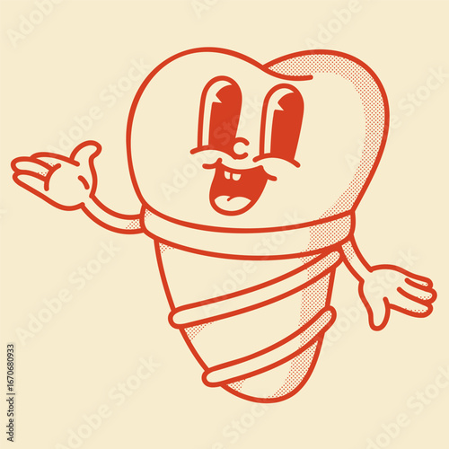Playful tooth implant character - cute 70s-80s vector art for dental surgery marketing and education