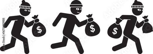 Three cartoon thief silhouettes carrying money bags isolated on white background silhouette