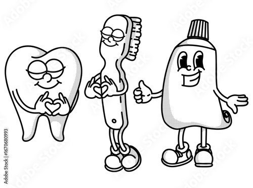 Retro dental dream team: toothpaste, brush and tooth mascots! Vintage handdrawn trio for hygiene products, clinic posters and oral care branding