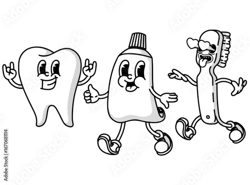 Retro dental dream team: toothpaste, brush and tooth mascots! Vintage handdrawn trio for hygiene products, clinic posters and oral care branding