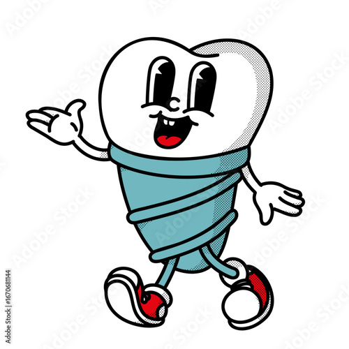 Tooth Implant mascot presenting solution - retro handdrawn art for dental choice education and clinic marketing