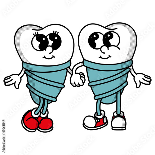 Loving tooth implant couple - retro dental mascots for complete smile restoration marketing and education