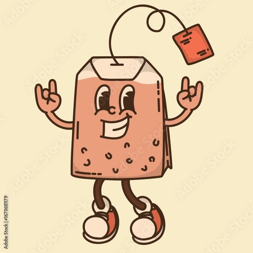 Rock'n'roll rectangular black tea bag mascot. Bold English Breakfast and Ceylon rebel character design