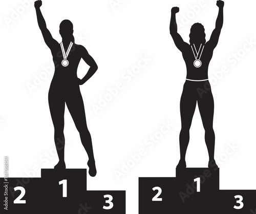 Two athletic silhouettes celebrating victory on a podium isolated on white background silhouette