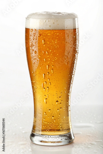 A tall glass of cold beer with a frothy head and condensation