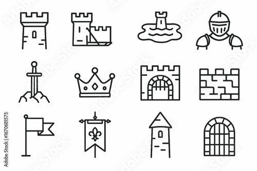 A set of vector icons for castles and medieval kingdoms, including a turret, knight, sword, crown, and a moat