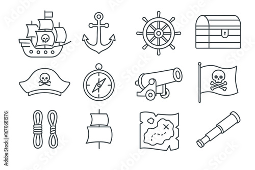 A set of vector icons for pirates and seafaring adventures, including a pirate ship, anchor, treasure chest, compass, and skull and crossbones flag