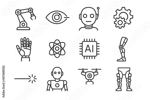 A set of vector icons for futuristic robotics and technology, including a mechanical arm, humanoid parts, a drone, and an AI chip